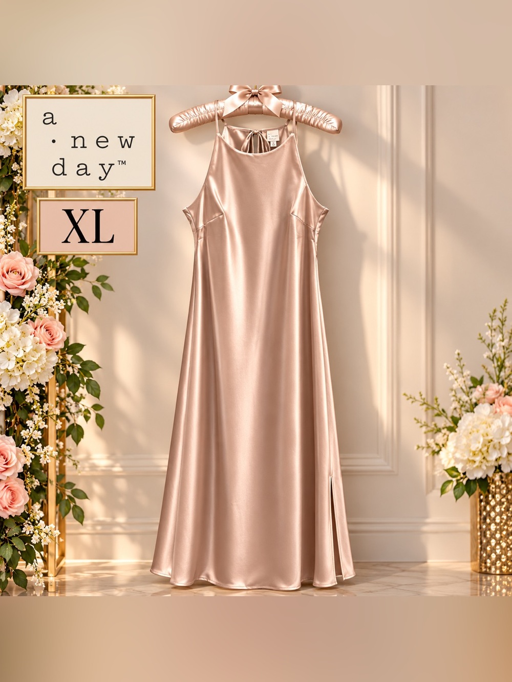 A New Day Women’s Satin Maxi Dress Tan/Champagne Size XL Brand New With Tags